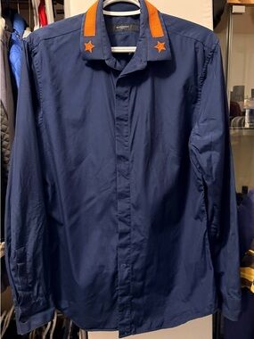 Givenchy Navy Long-Sleeve Dress Shirt with Orange Star Collar Accents